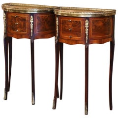 Antique Pair of 19th Century French Louis XV Burl Walnut Demi-Lune Bedside Tables