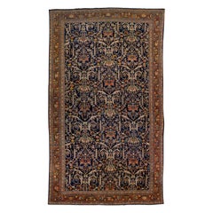 Navy Blue Antique Persian Mahal Wool Rug Handmade with Floral Motif