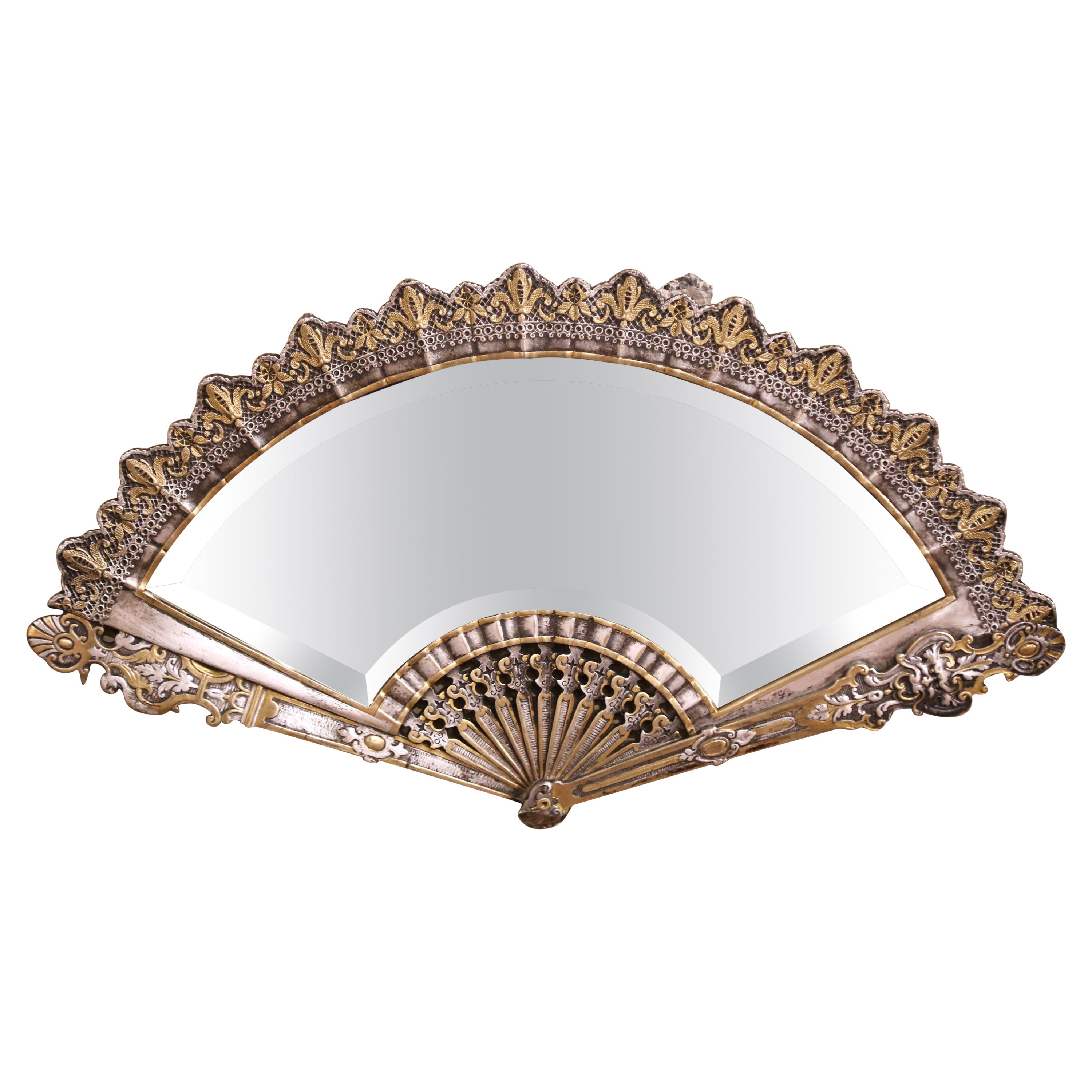 19th Century French Napoleon III Bronze Wall Fan Mirror with Beveled Glass For Sale