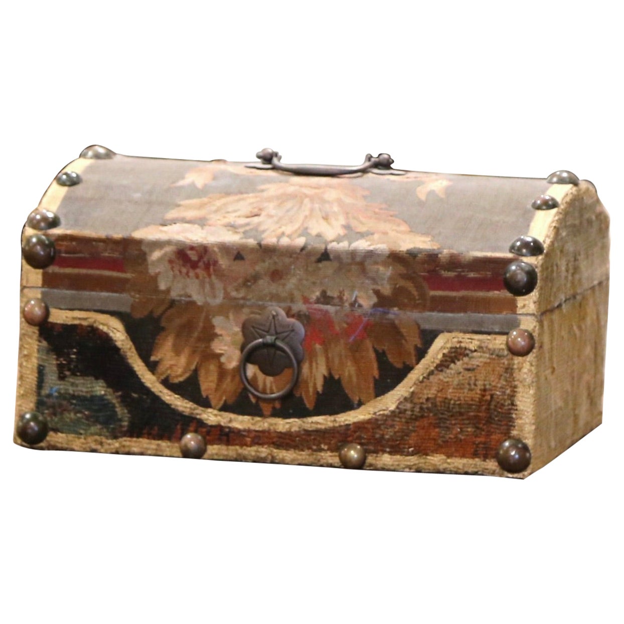 Decorative Bombe Jewelry Box with 18th Century Aubusson Tapestry Signed J. Lamy For Sale