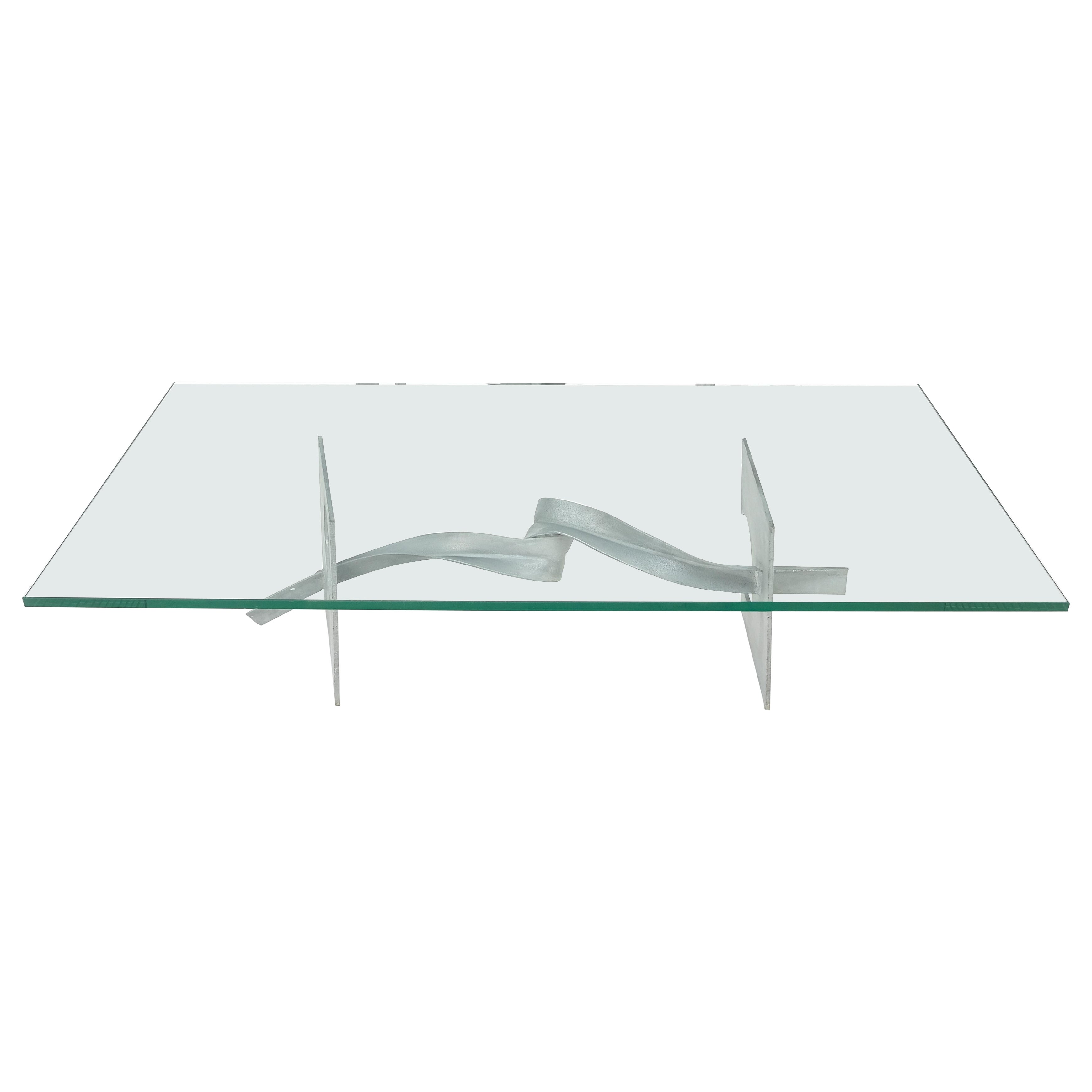 Twisted Metal Ribbon Base 3/4" Rectangle Glass Top Mid Century Coffee Table MINT For Sale