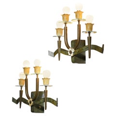 Large pair of italian sconces with floral decoration 4 lampshade in brass 