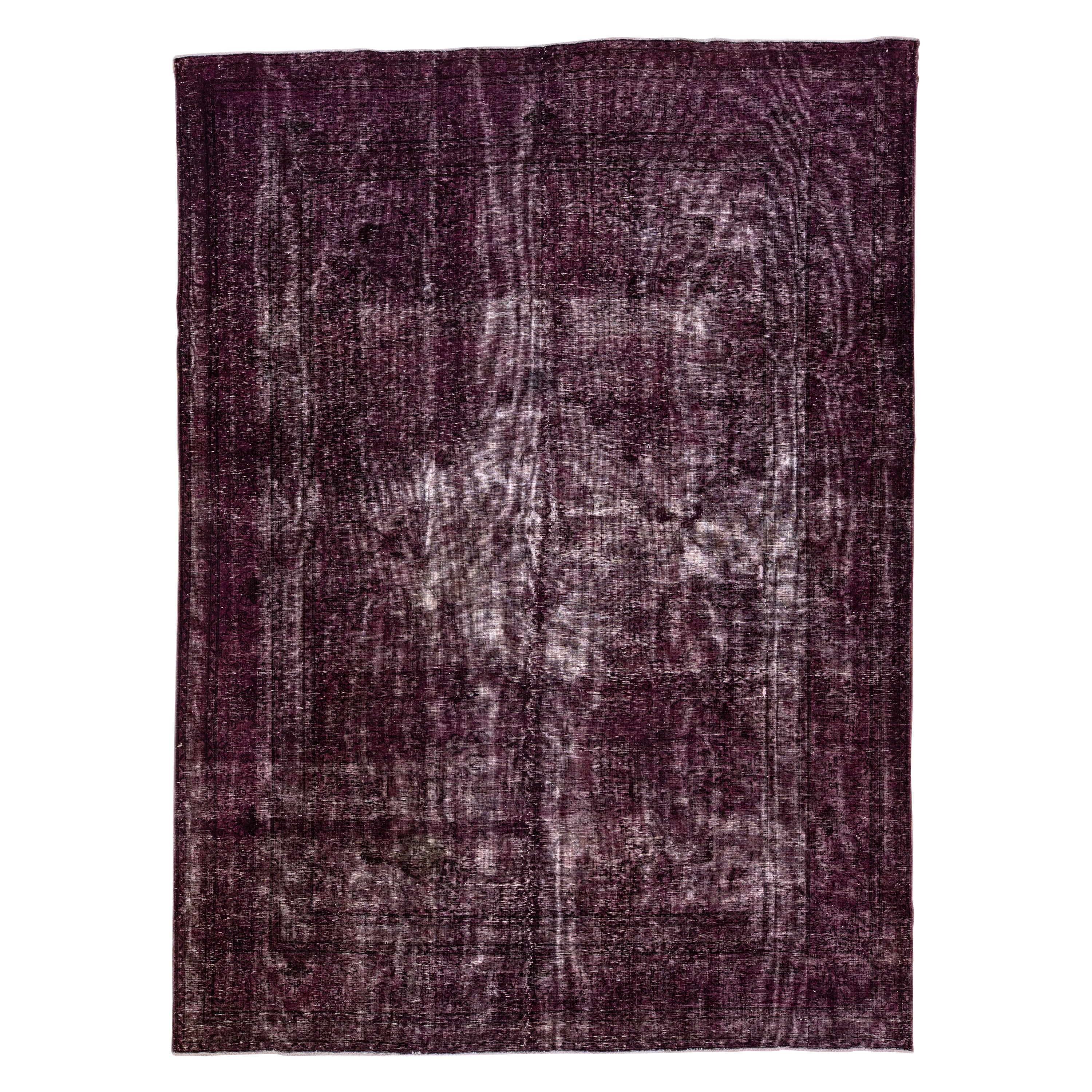 Purple Handmade Vintage Overdyed Wool Rug with Allover Motif For Sale