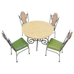 Used Resin Cast Abalone Shell Round Top Outdoor Table 4 Cane Back  Chairs Iron Set 