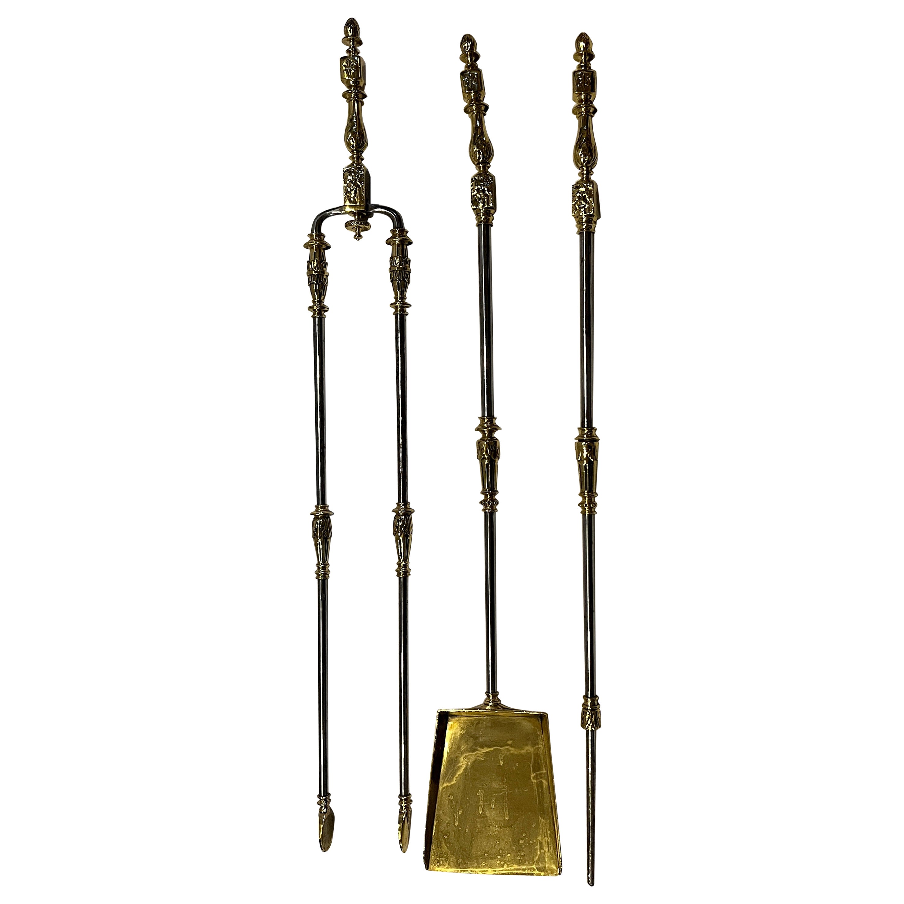 Set of 3 Antique Brass and Steel 19th Century Fire Tools For Sale