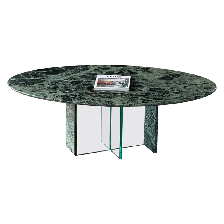 Green Marble Oval Coffee Table with Marble and Glass Base For Sale at