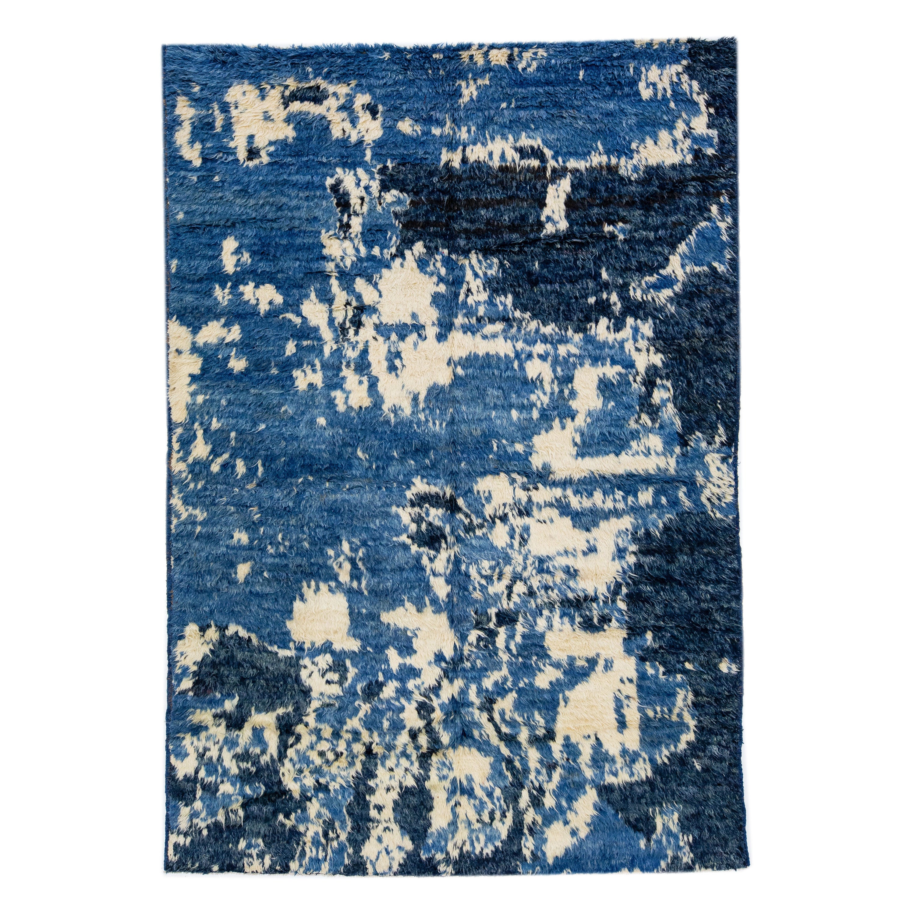 Handmade Blue Moroccan Style Wool Rug with Abstract Design