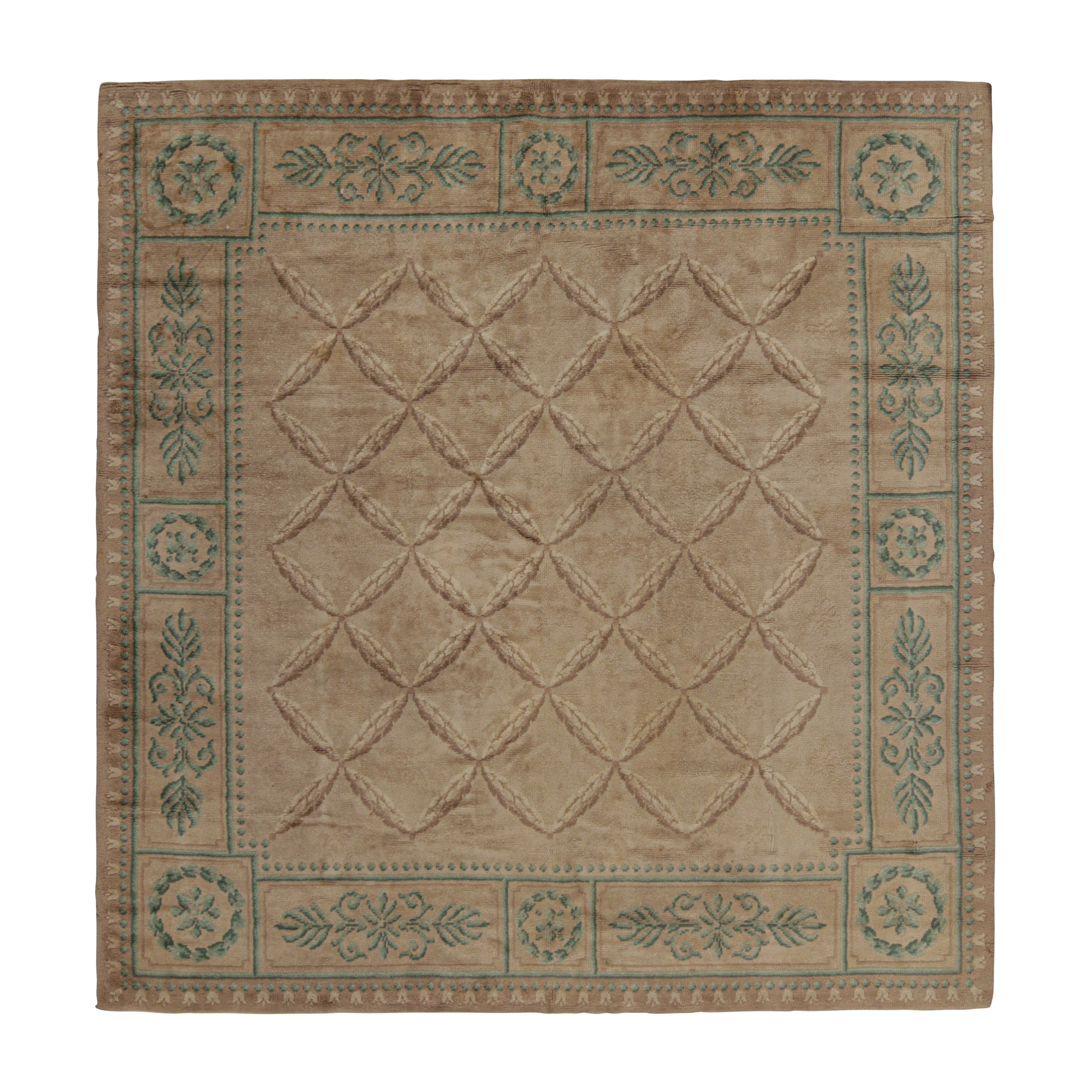 Antique Savonnerie Rug in Beige-Brown & Green Floral Patterns