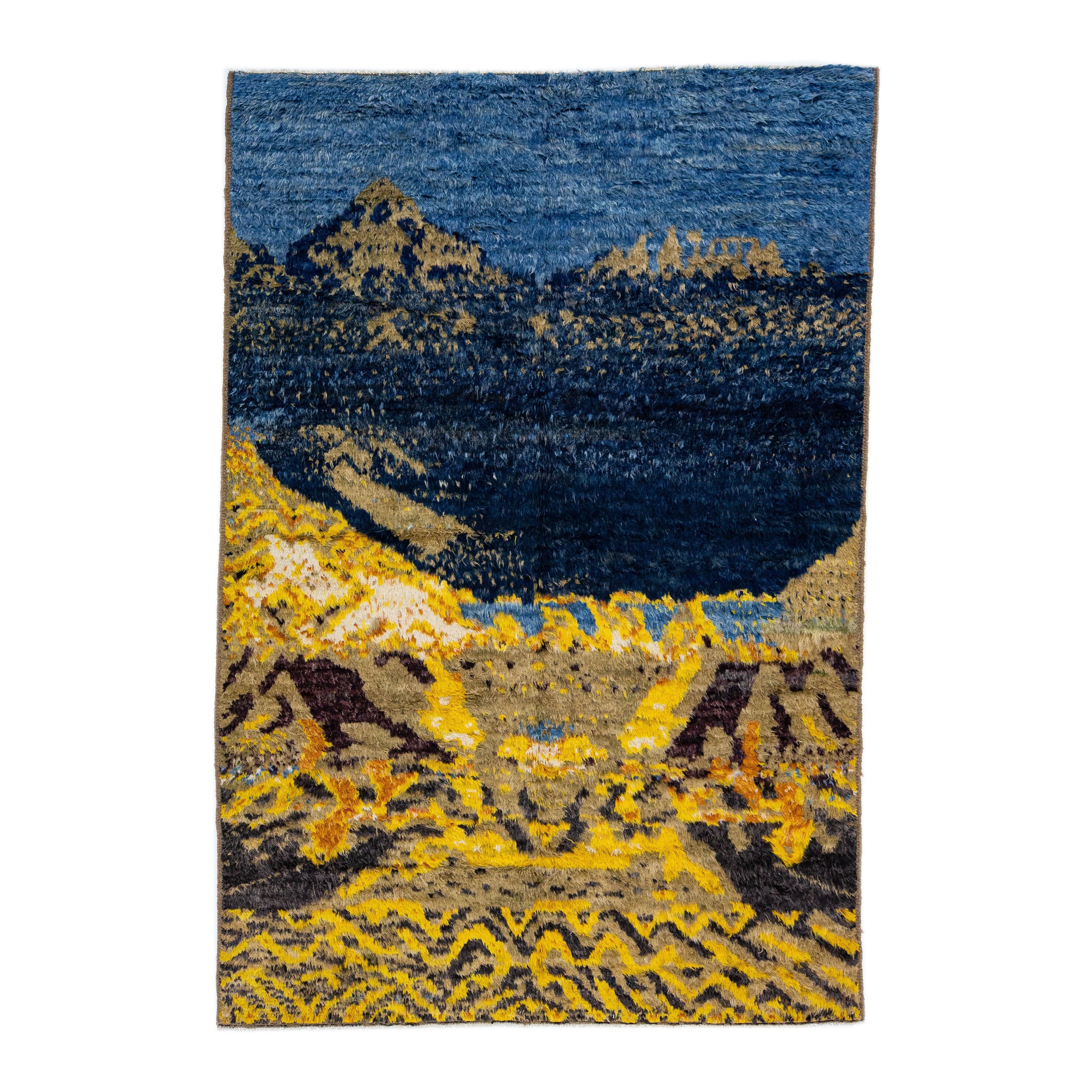 Modern Abstract Moroccan Style Wool Rug with Blue and Golden Field For Sale