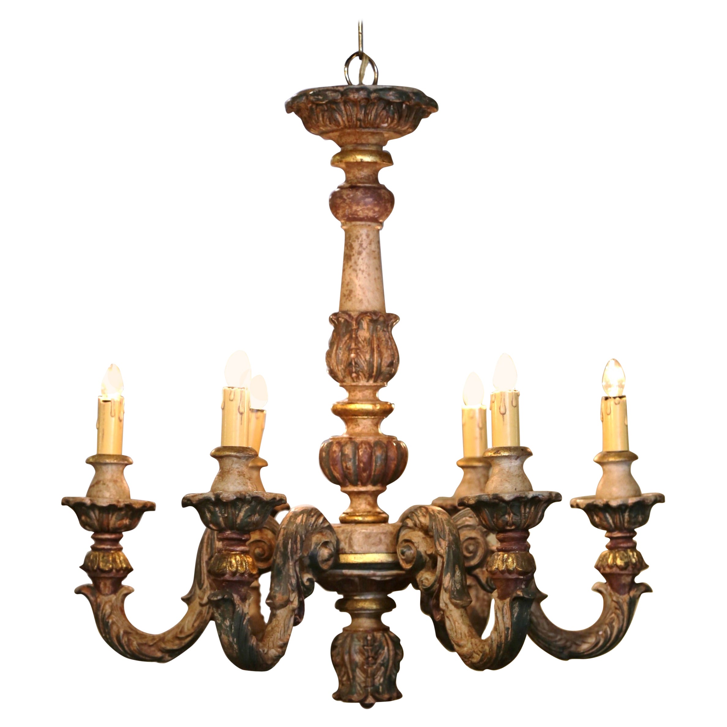 19th Century French Napoleon III Carved Polychrome Painted Six-Light Chandelier For Sale