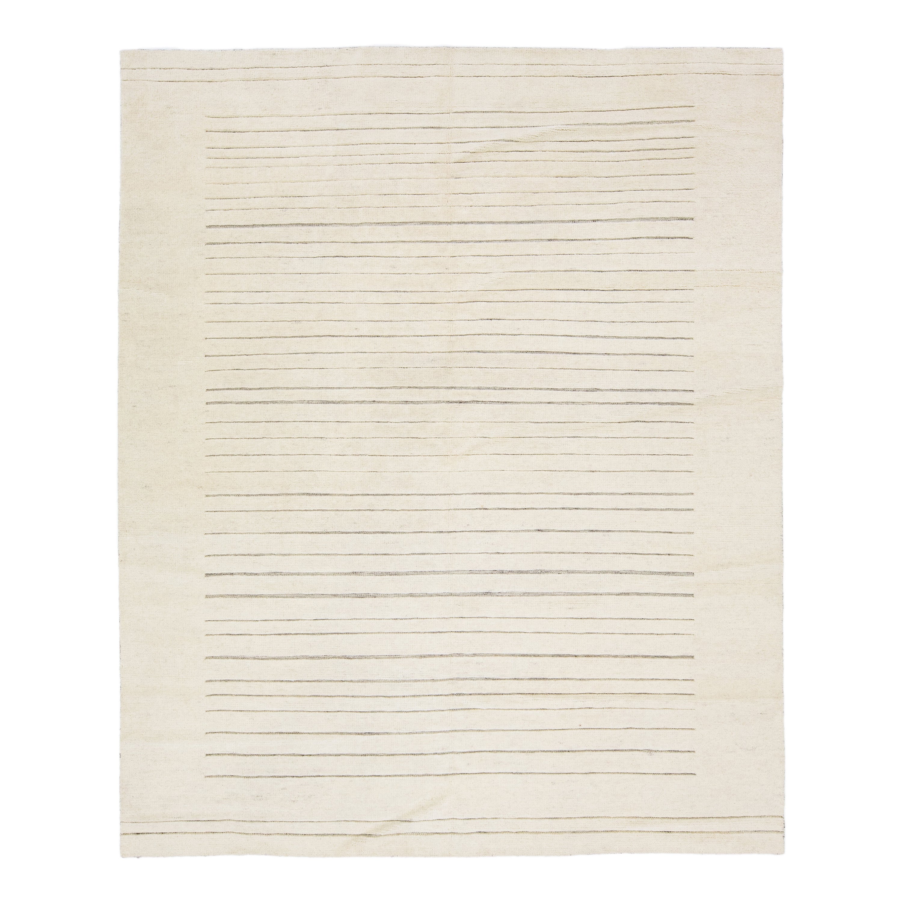Modern Moroccan Style Ivory Wool Rug with Stripe Design For Sale