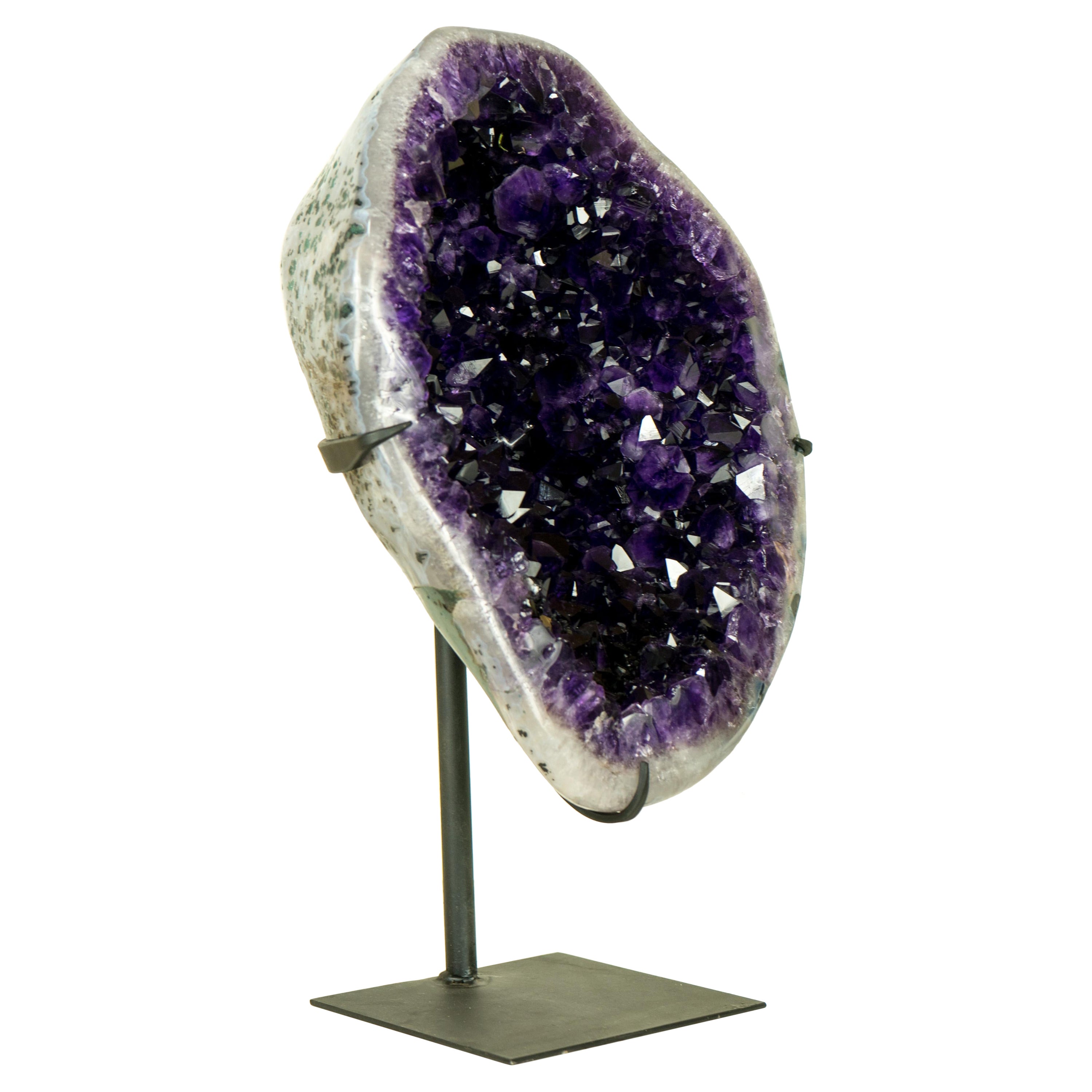 AAA Deep Purple Amethyst Geode with Polished Agate Canvas on Stand For Sale