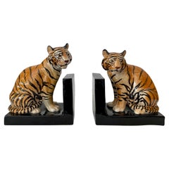 Vintage Boho Chic Ceramic Tiger Bookends, a Pair