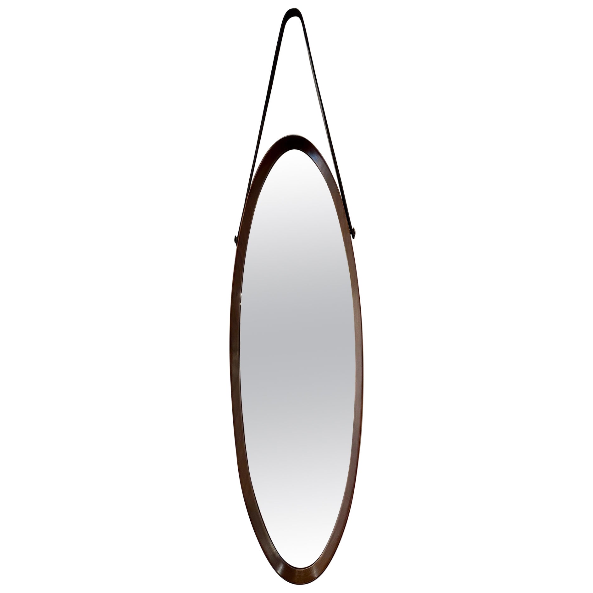 Italian Mid-century Walnut Frame & Leather Hanging Mirror For Sale