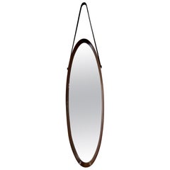 Italian Mid-century Walnut Frame & Leather Hanging Mirror