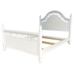 Boho Chic White Wicker Bamboo Rattan and Herringbone Queen Size Bed Frame