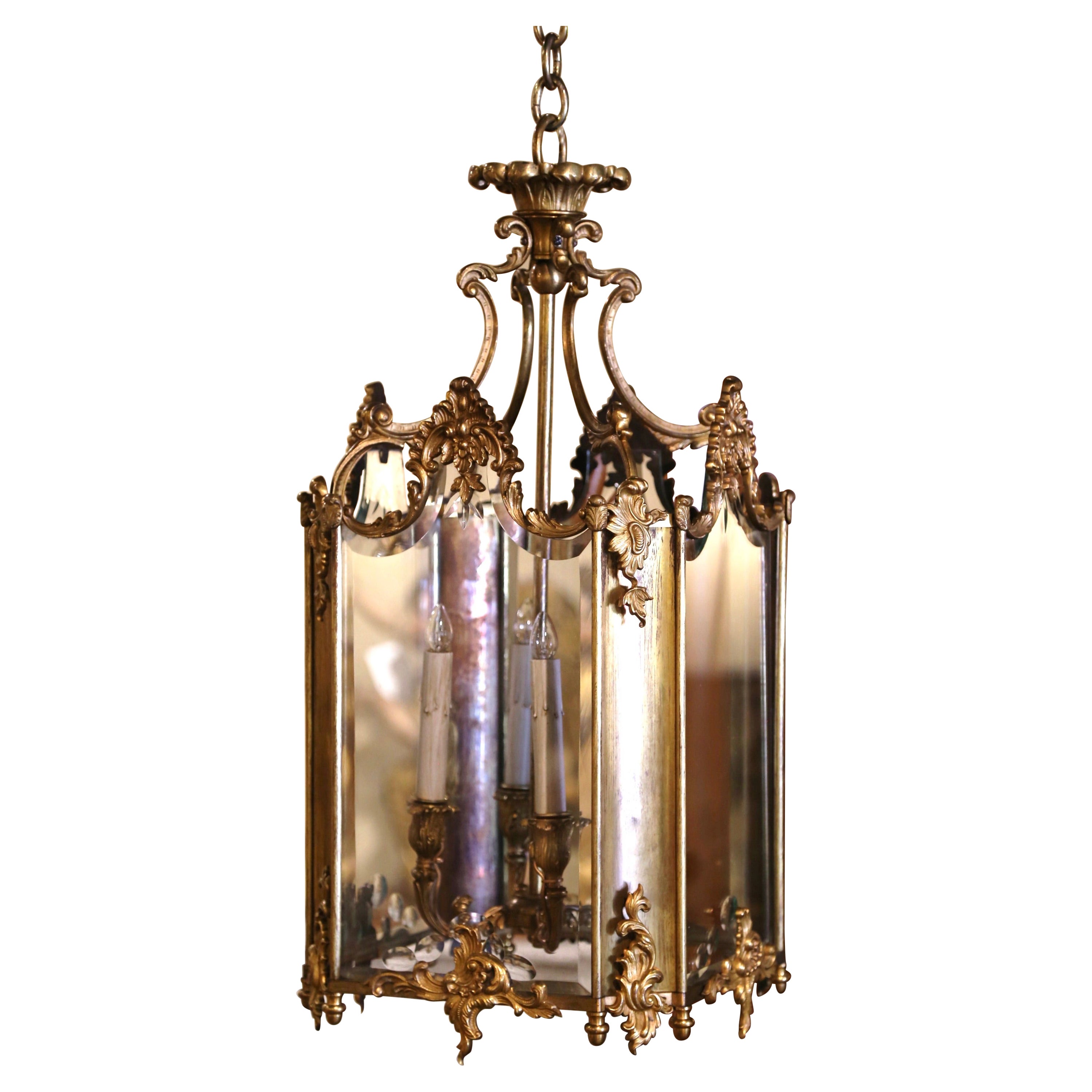 19th Century French Napoleon III Bronze Dore & Beveled Glass Four-Light Lantern For Sale