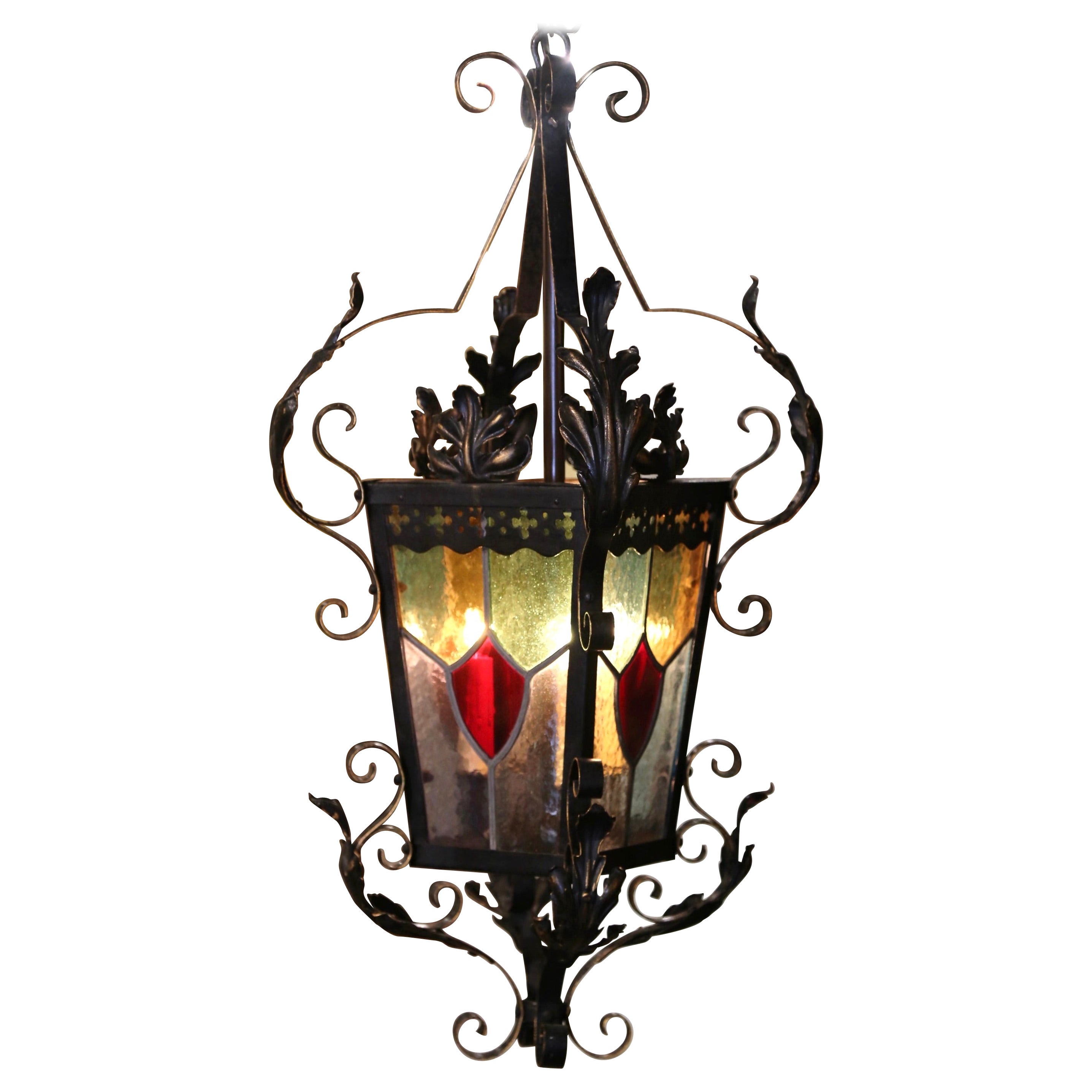 19th Century French Napoleon III Iron Lantern with Painted Stained Glass Panels For Sale