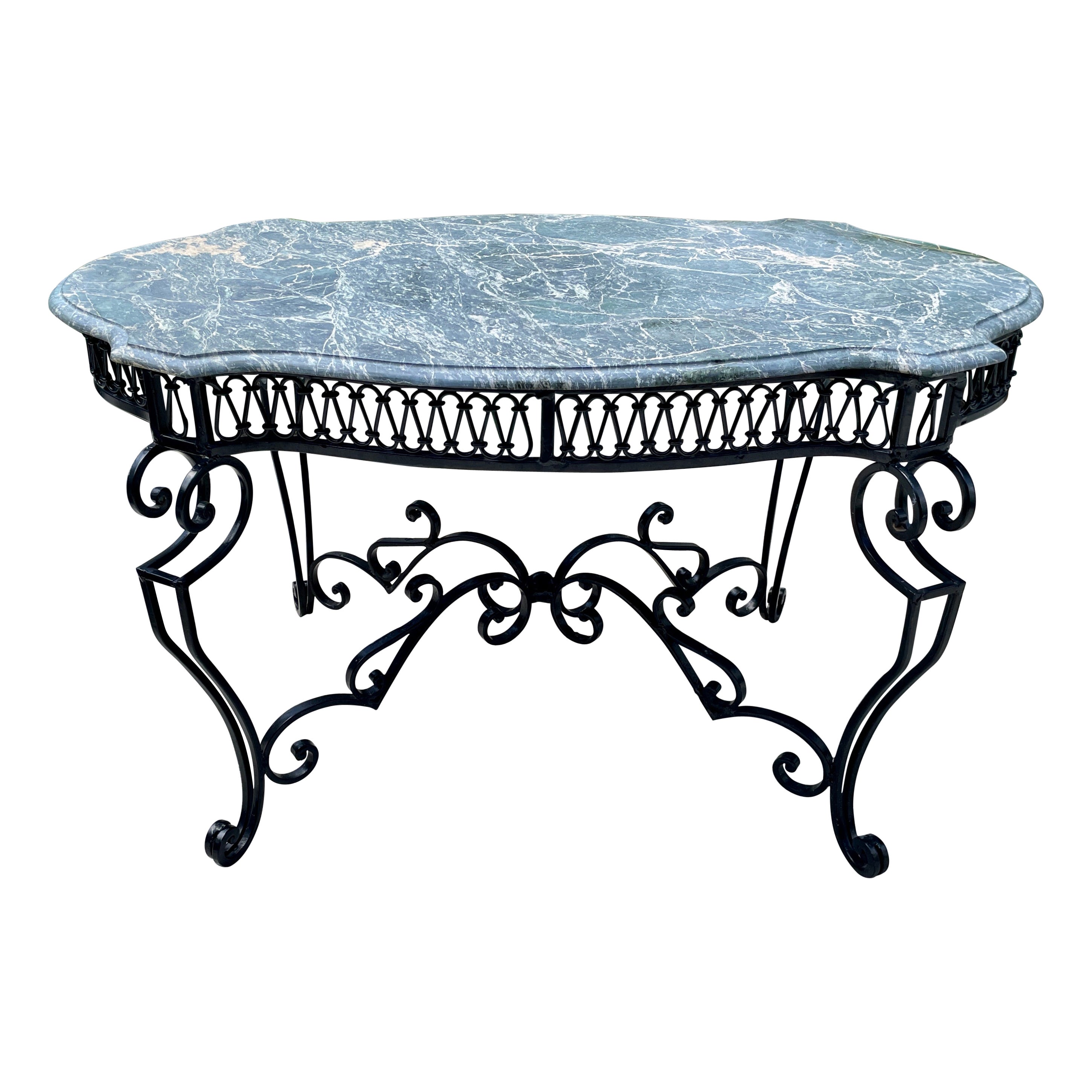 Iron with Marble Top Patio Dining Table in the Classical Style For Sale