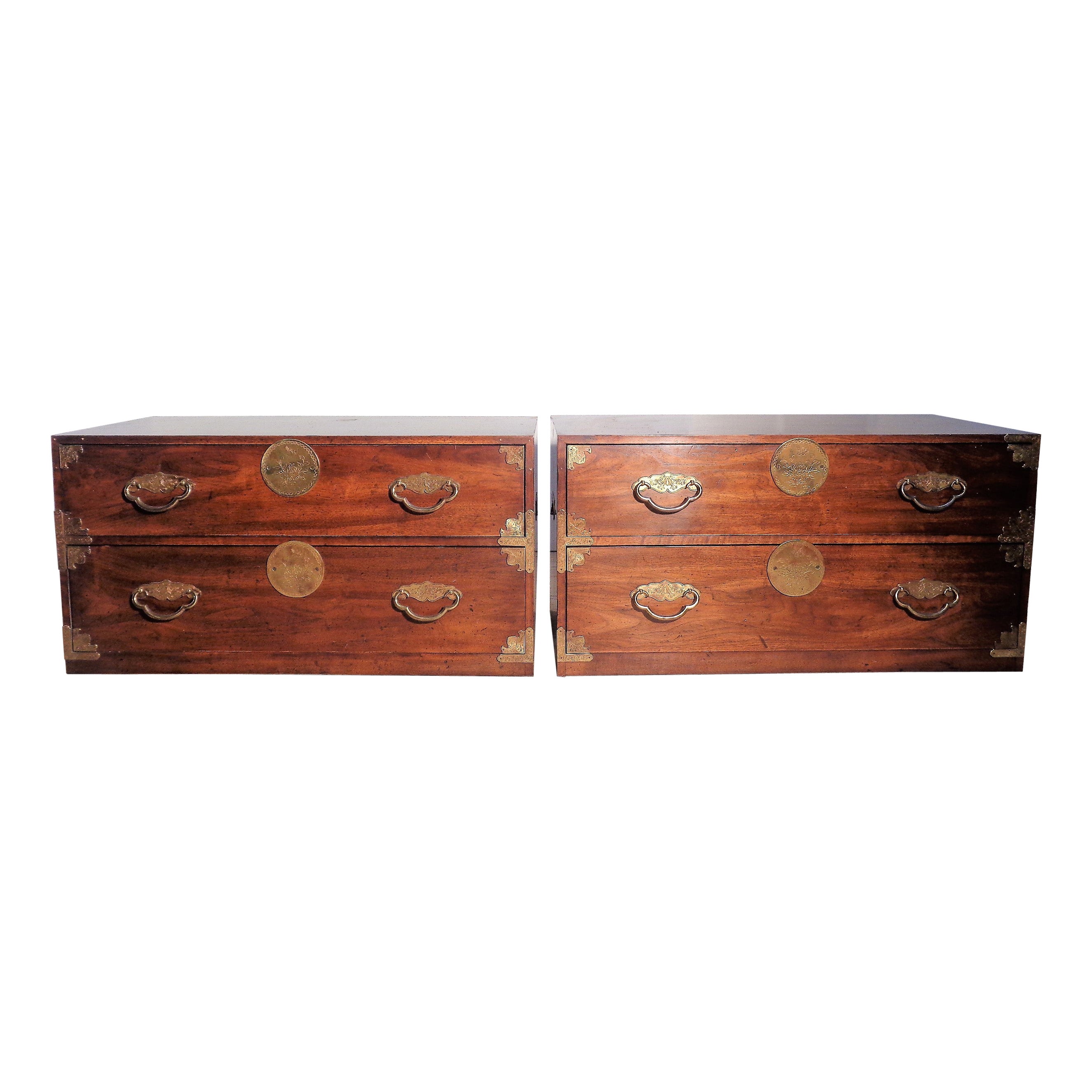 Pair Asian Modern Style Walnut Campaign Chests Henredon, 1970's