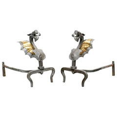 Artisan Crafted Mixed Metal Griffin Form Andirons