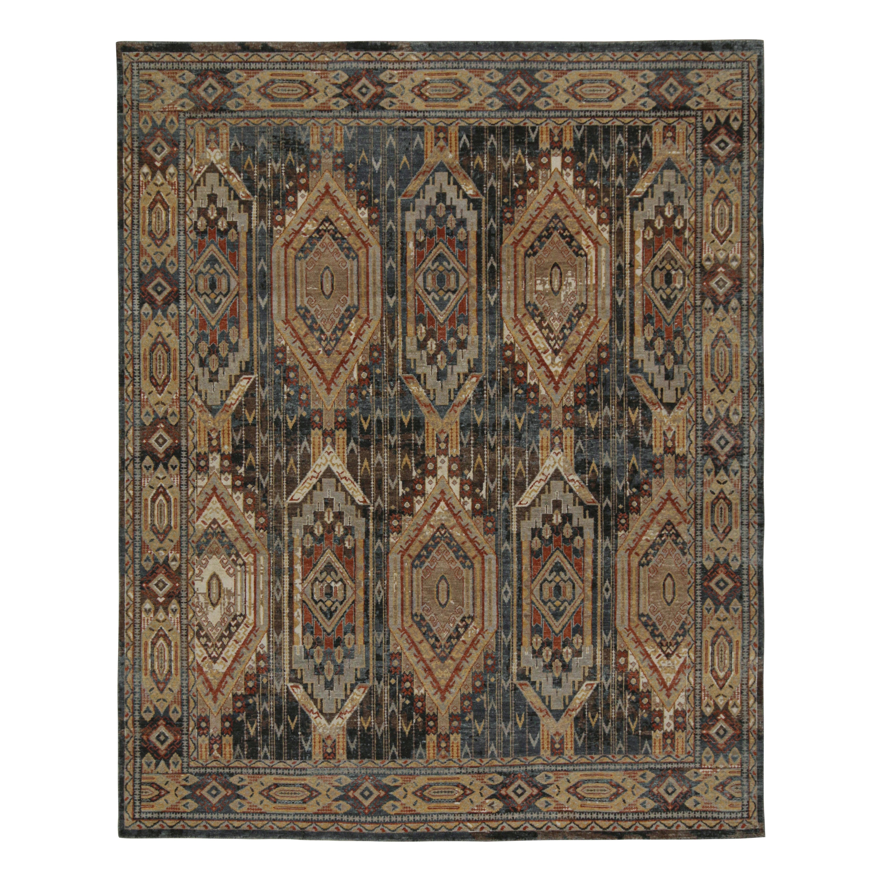 Rug & Kilim’s Tribal Style Rug in Blue, Brown, Red & Gold Geometric Pattern For Sale