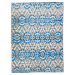 Modern Ikat Grey Wool & Silk Rug with Allover Pattern