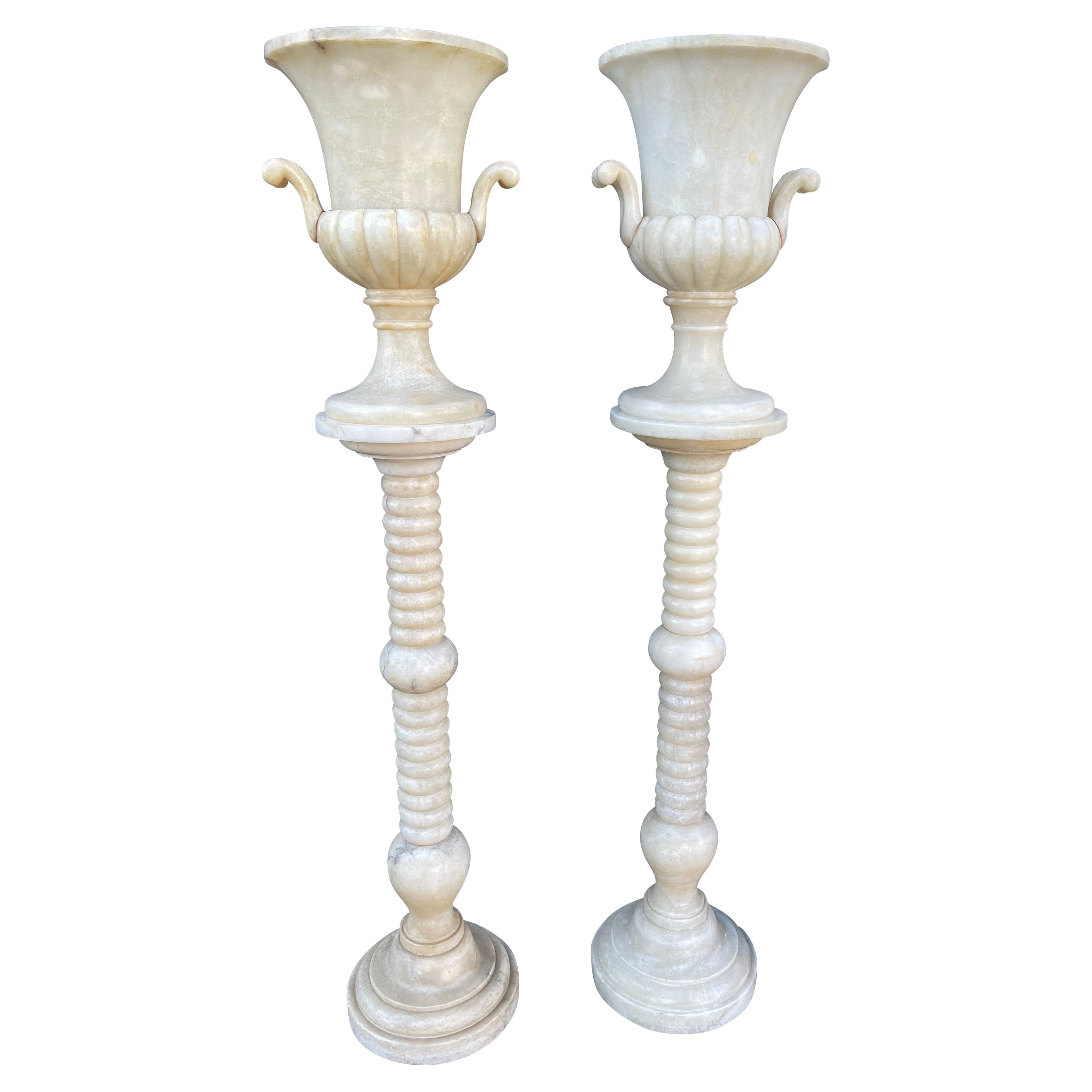 Impressive Pair Extra Large Alabaster Pedestals W. Ornamental Urn Design Vases 