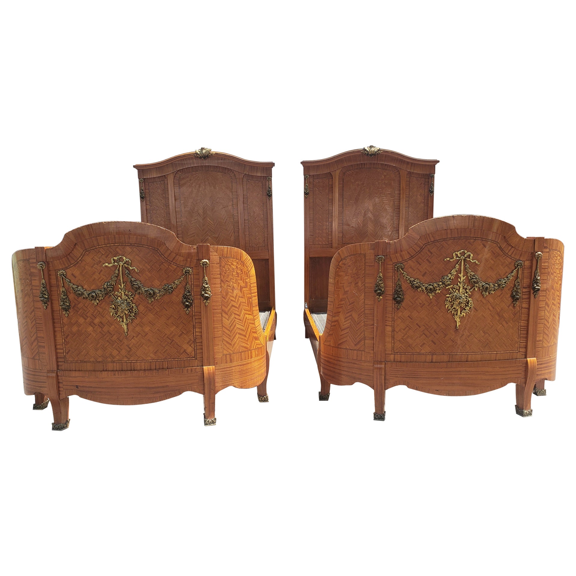 1870s Dutch Rococo Style Fruitwood and Satinwood Inlaid & Ormolu Bedsteads, Pair For Sale