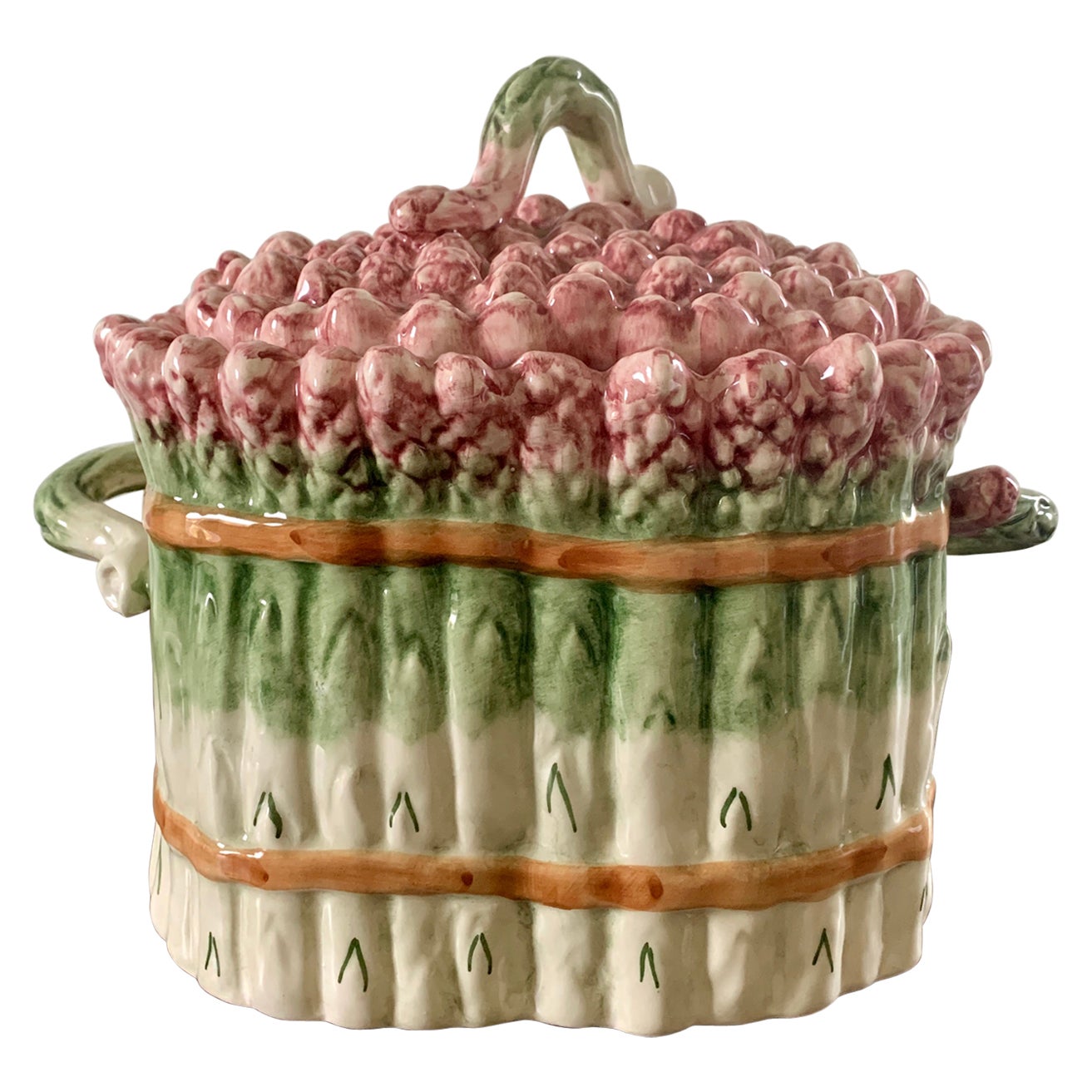Italian Majolica Ceramic Trompe l'Oeil Asparagus Covered Dish For Sale