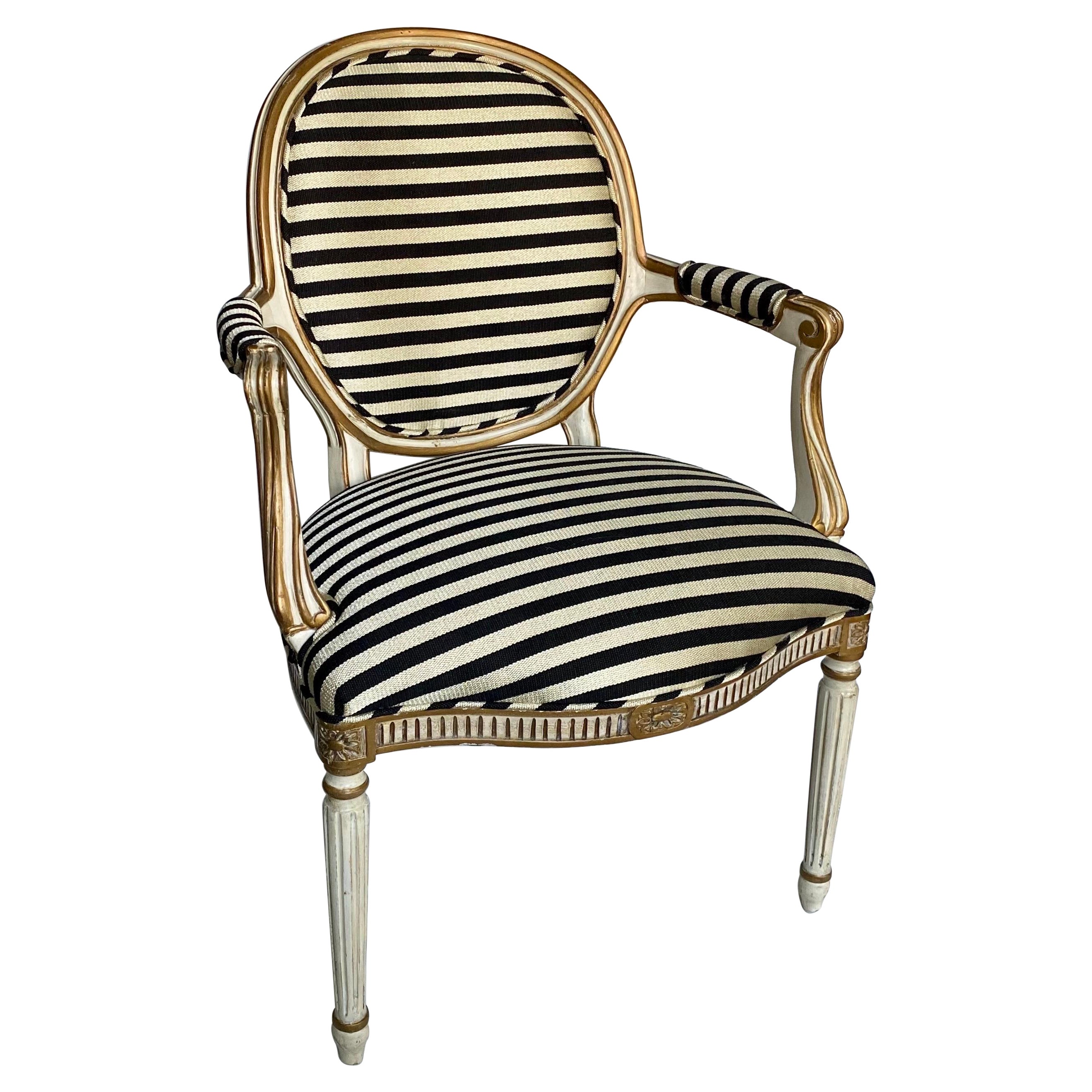 Midcentury French Louis XVI Style Gilt Painted Striped Armchair For Sale