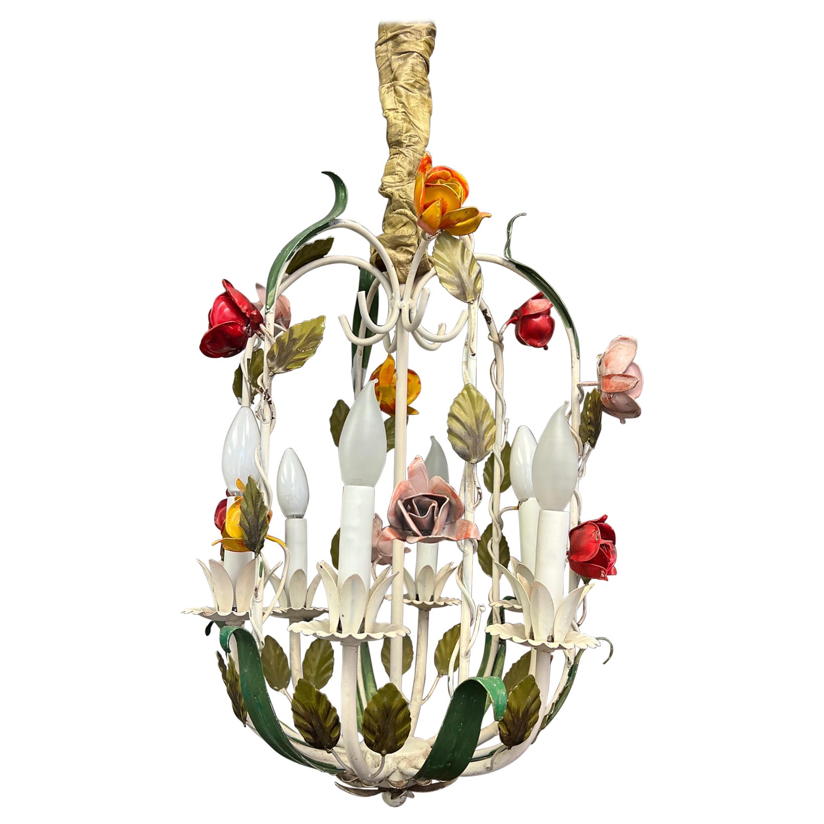 Vintage Mid-20th Century French Rose Tole Chandelier For Sale