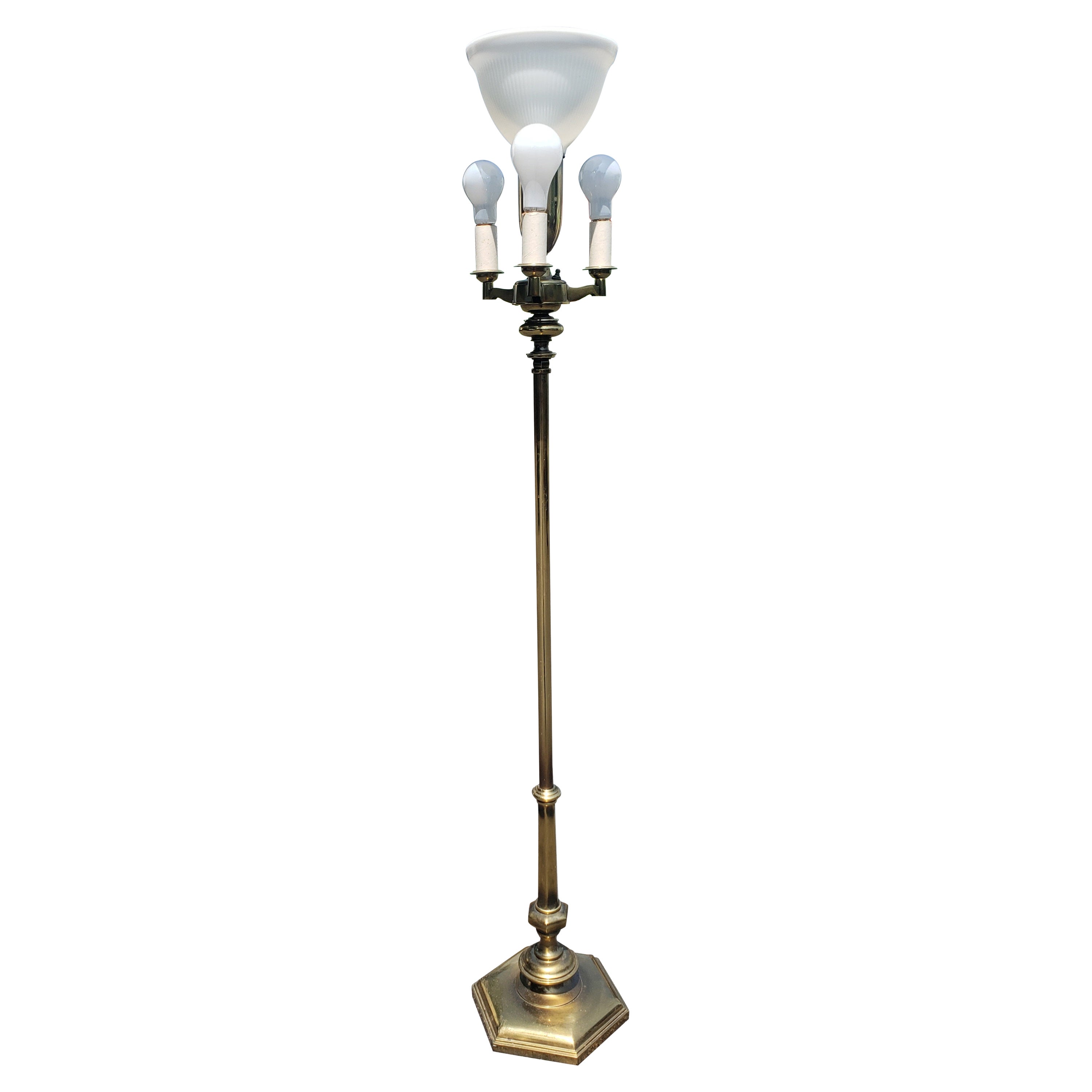 Mid-20th Century Stiffel Brass 4-Way Torchiere Milk Glass Floor Lamp For Sale