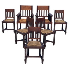 Set of 5 Chairs and 2 Armchairs in Turned Oak and Rope 1940