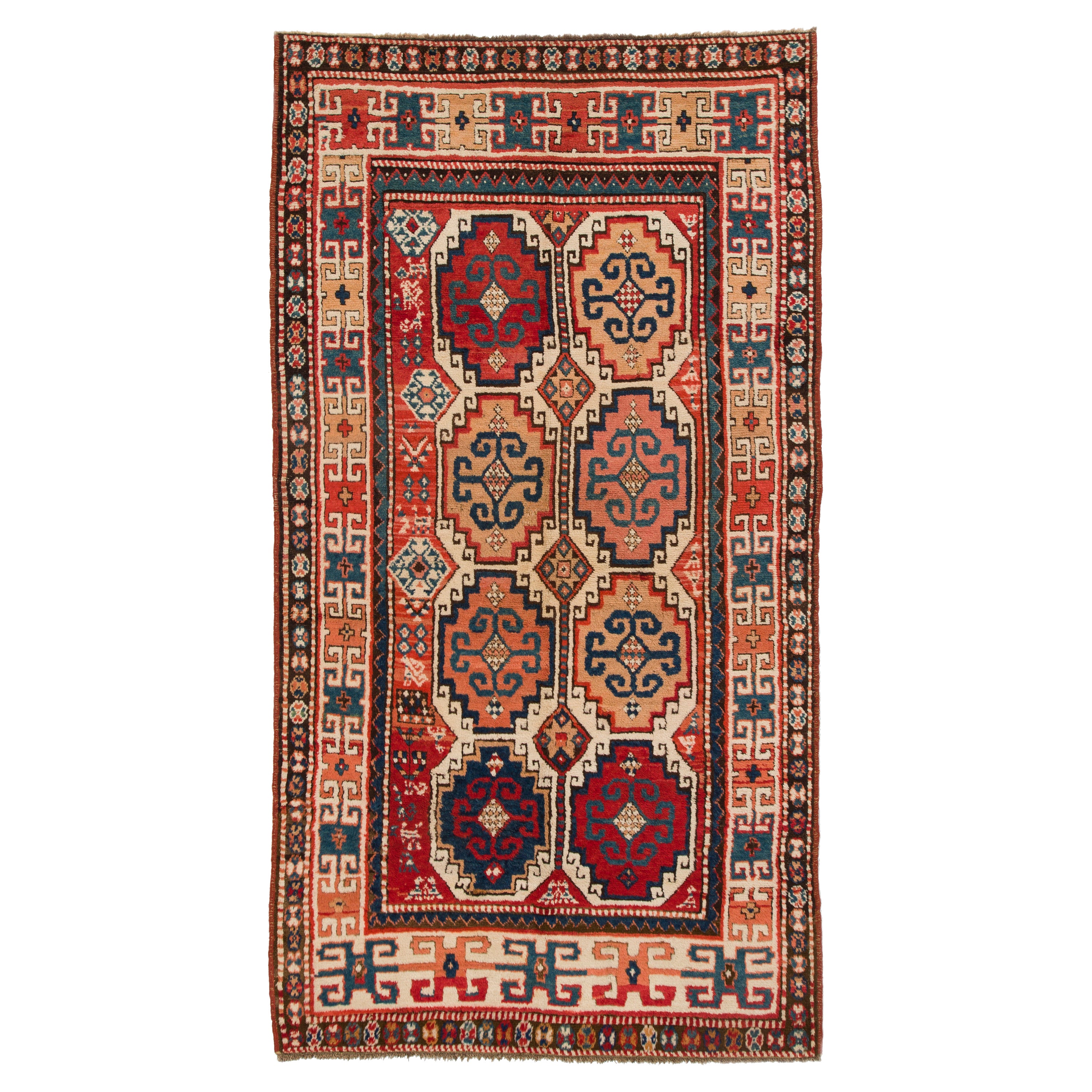 4x7.6 ft Antique Caucasian Moghan Kazak Wool Rug, circa 1870 