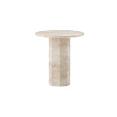 Custom Ashby Round Side Table Handcrafted in Travertine with Rectangular Top