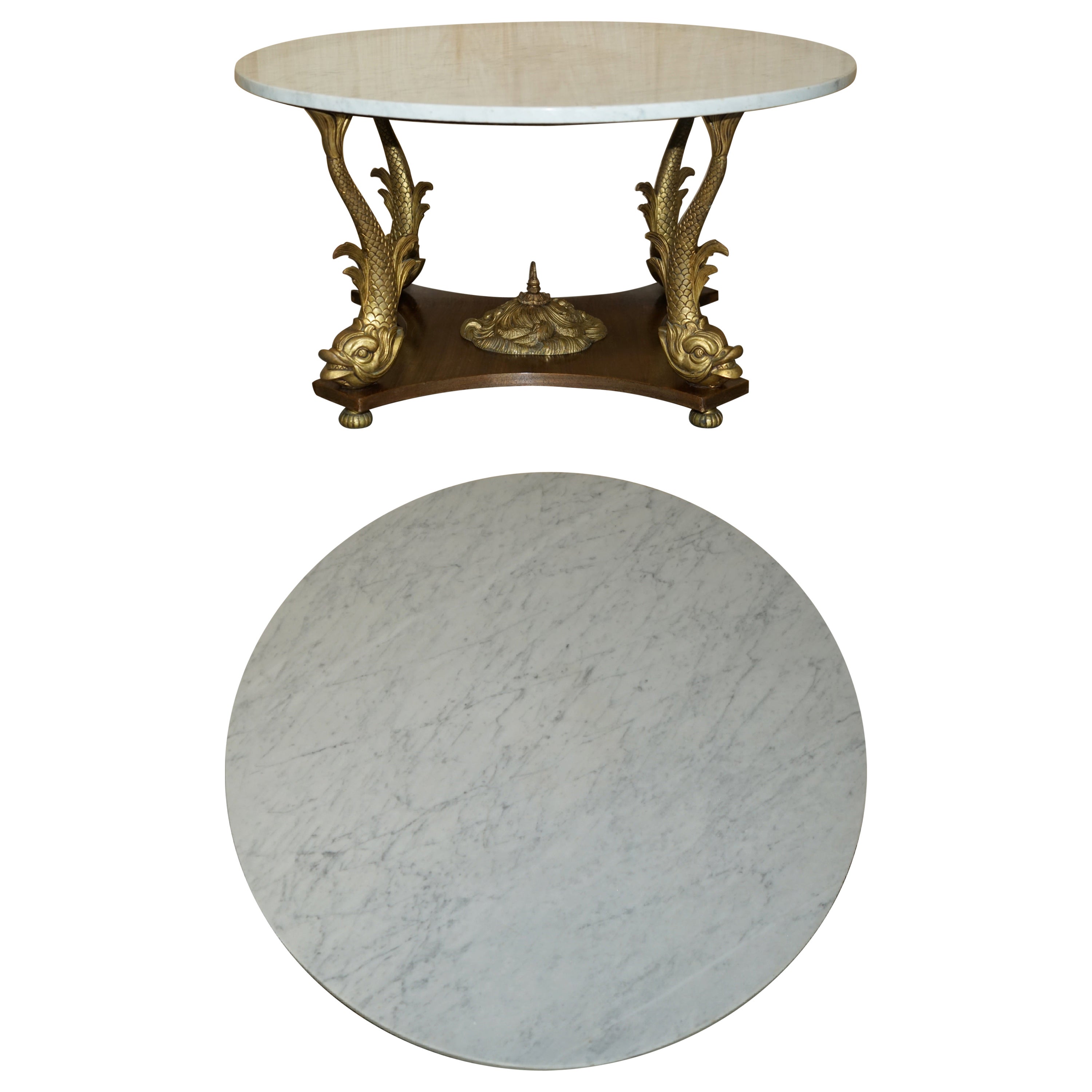 Very Fine 19th Century Gilt Brass Dolphin Italian Carrara Marble Coffee Table For Sale