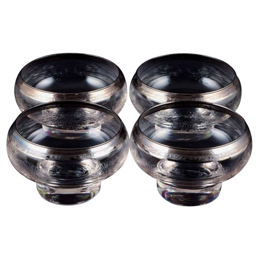 Murano, Italy, Four Mouth-Blown and Engraved Glass Fingerbowls with Silver Rim