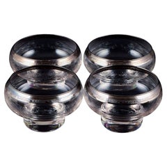 Murano, Italy, Four Mouth-Blown and Engraved Glass Fingerbowls with Silver Rim