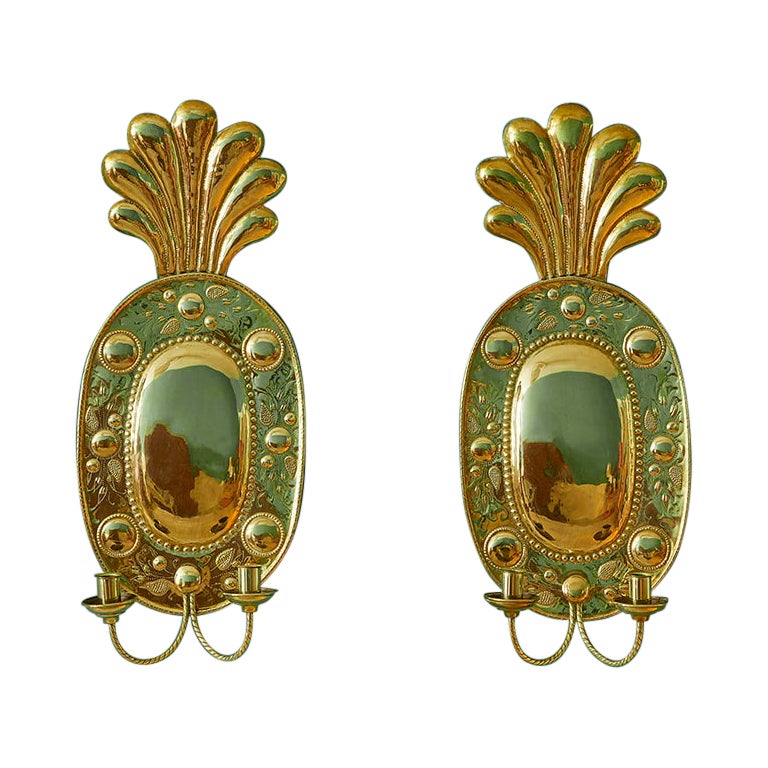 Vintage Pair of Large Sculptural Brass Wall Sconces, Sweden, Late 19th Century