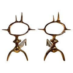 Sublime Pair of Bronze Andirons by Victor Roman, 1970s