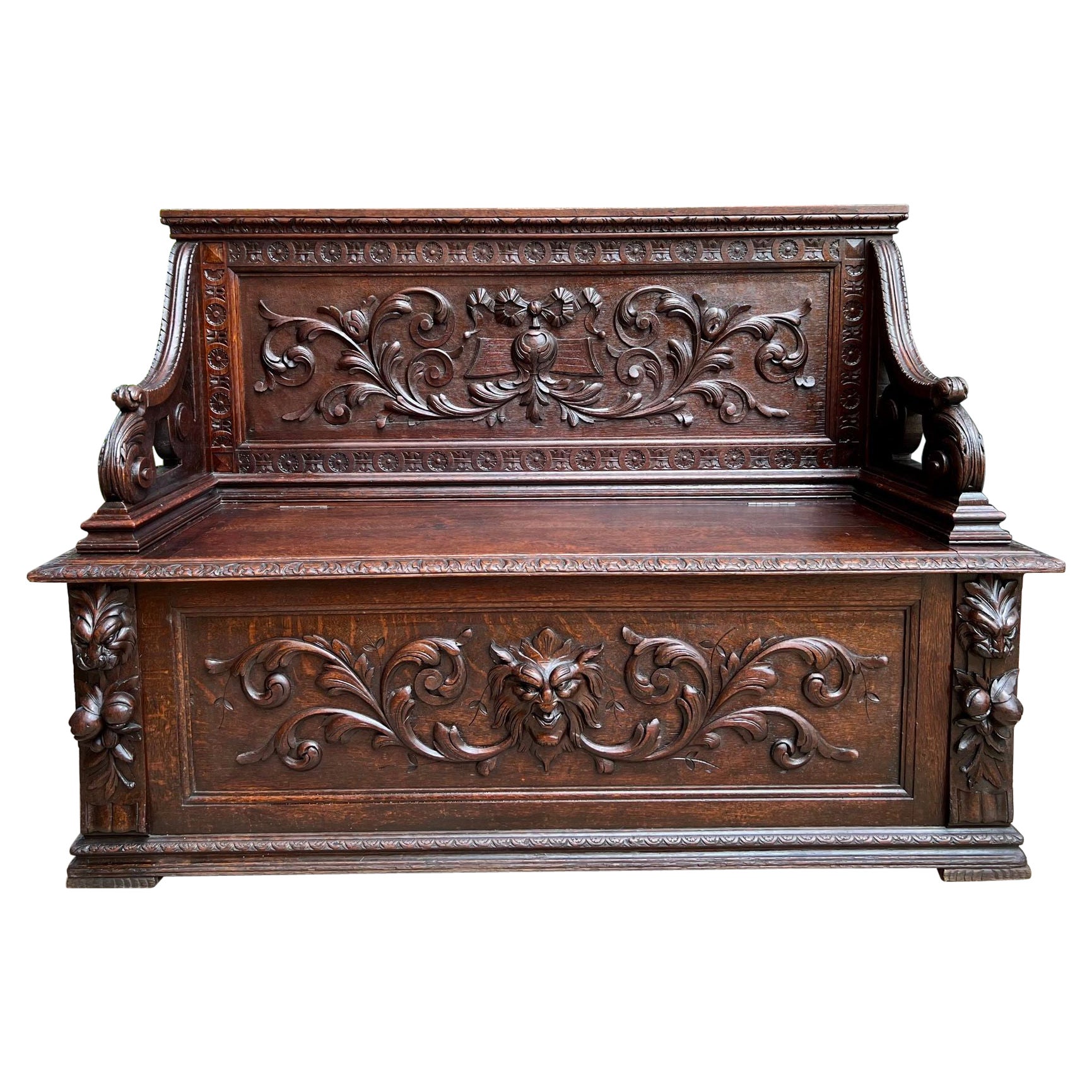 Antique French Hall Bench Chair Settee Renaissance Revival Carved Oak 19° sec.
