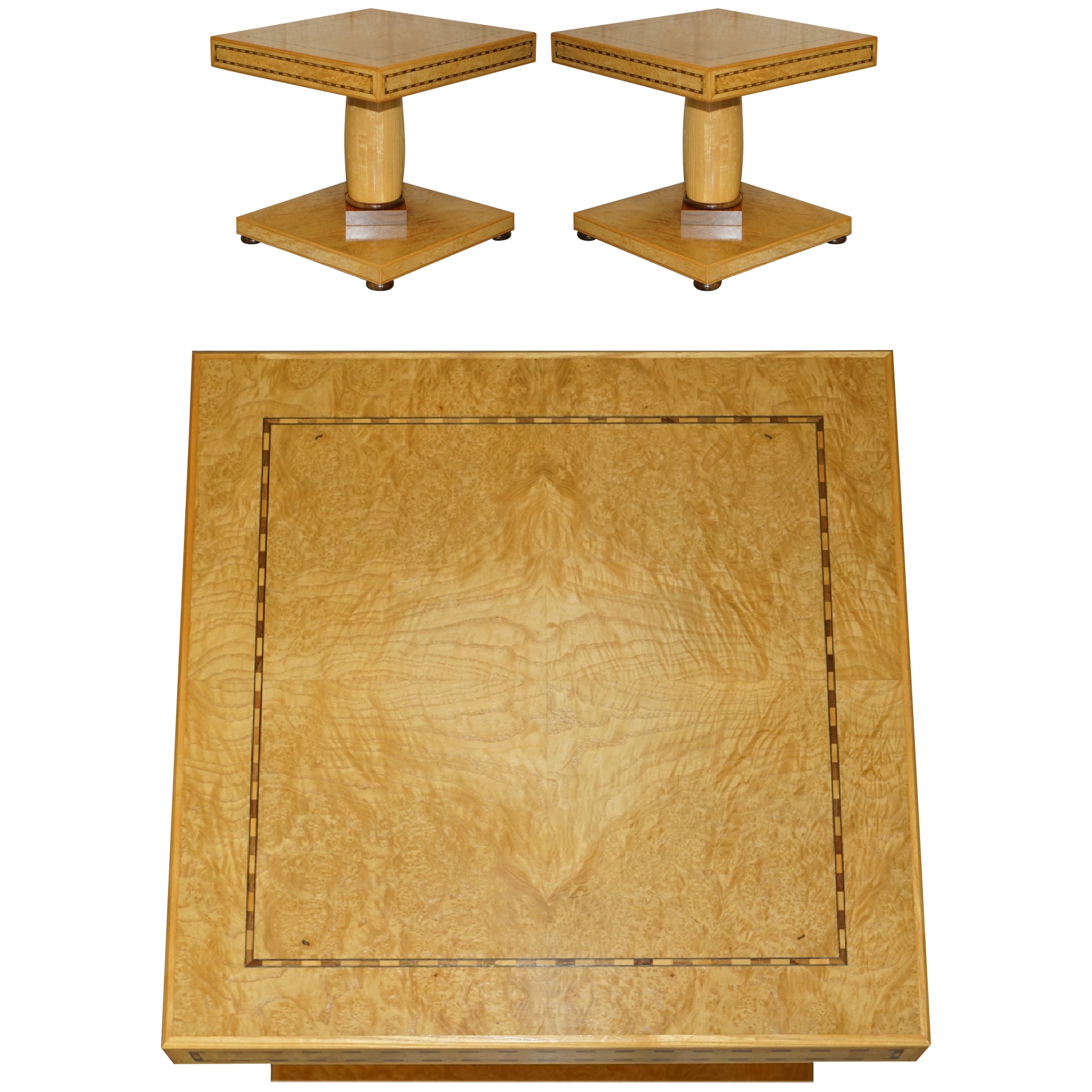 Pair of Original Andrew Varah Burr Walnut Satinwood & Oak Large Side End Tables For Sale
