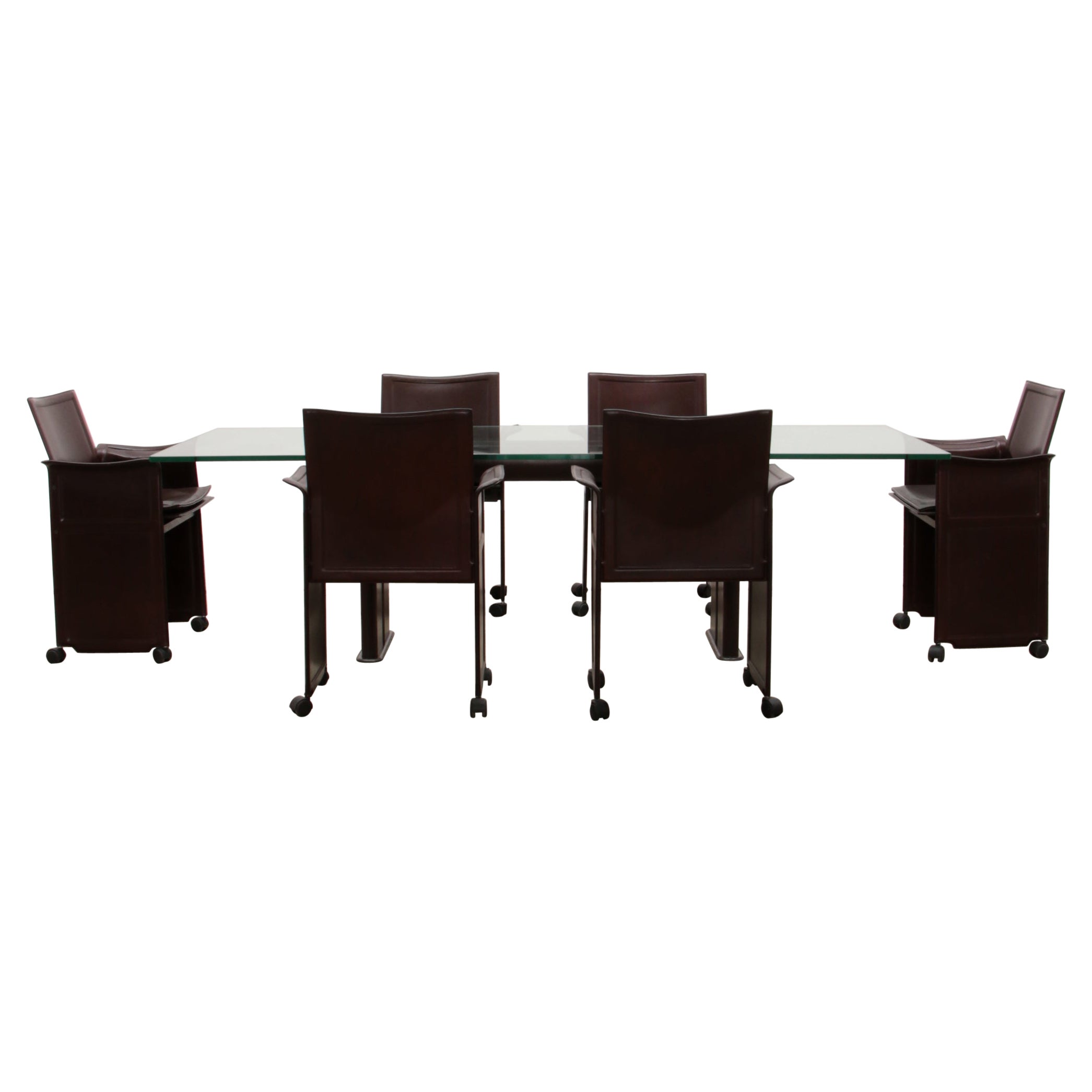 Tito Agnoli for Matteo Grassi Leather Dining Table and Six Chairs For Sale