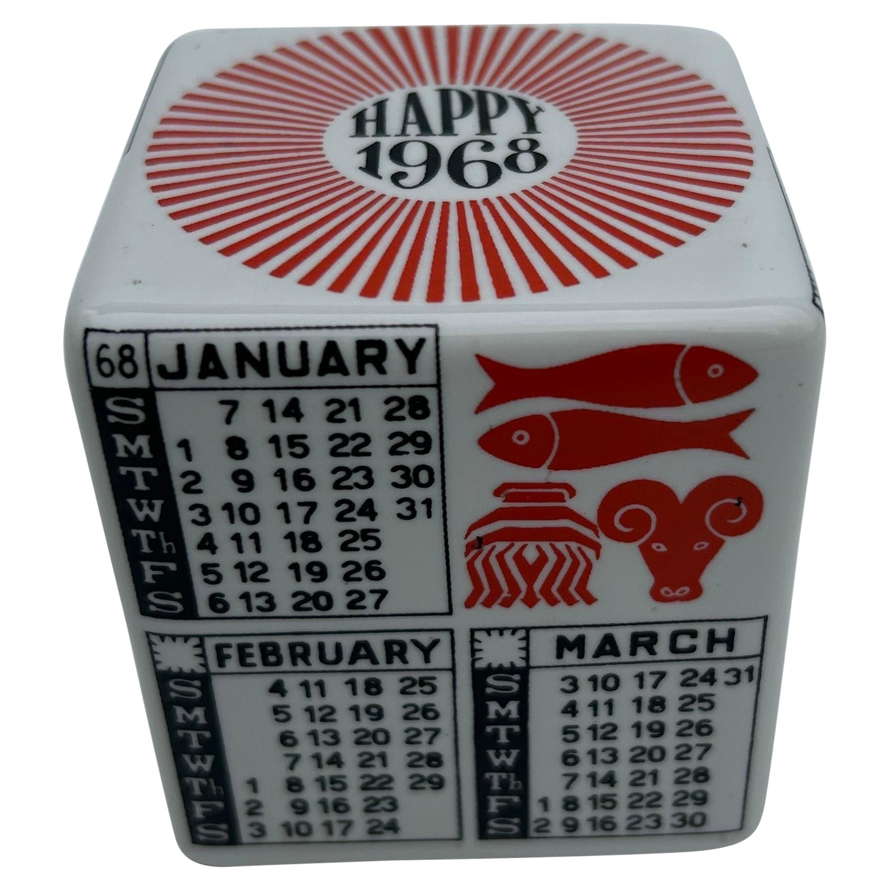 20th Century Piero Fornasetti Paperweight Calendar Happy 1968 Porcelain For Sale