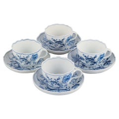 Meissen, Germany, Four Meissen Blue Onion Coffee Cups with Saucers in Porcelain