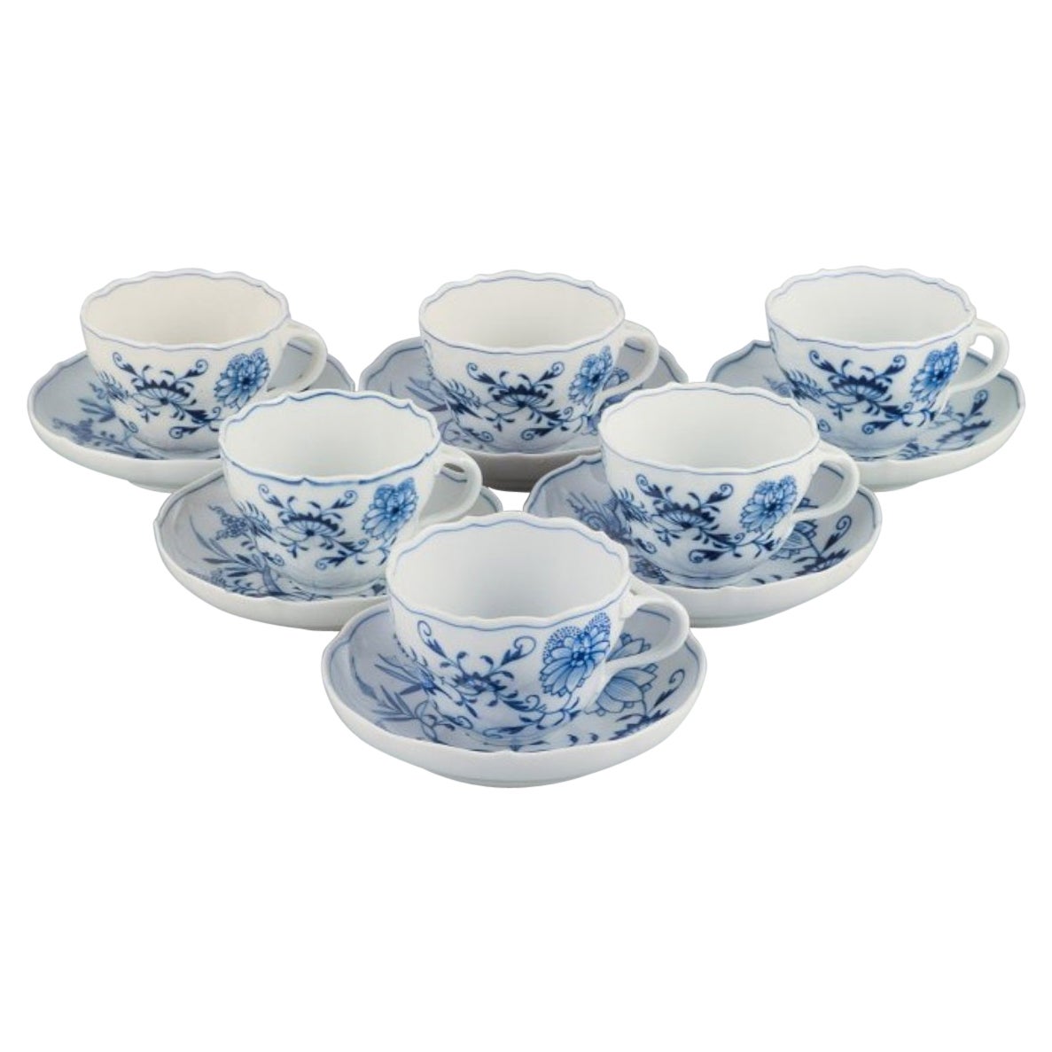Meissen, Germany, Six Meissen Blue Onion Coffee Cups with Saucers in Porcelain