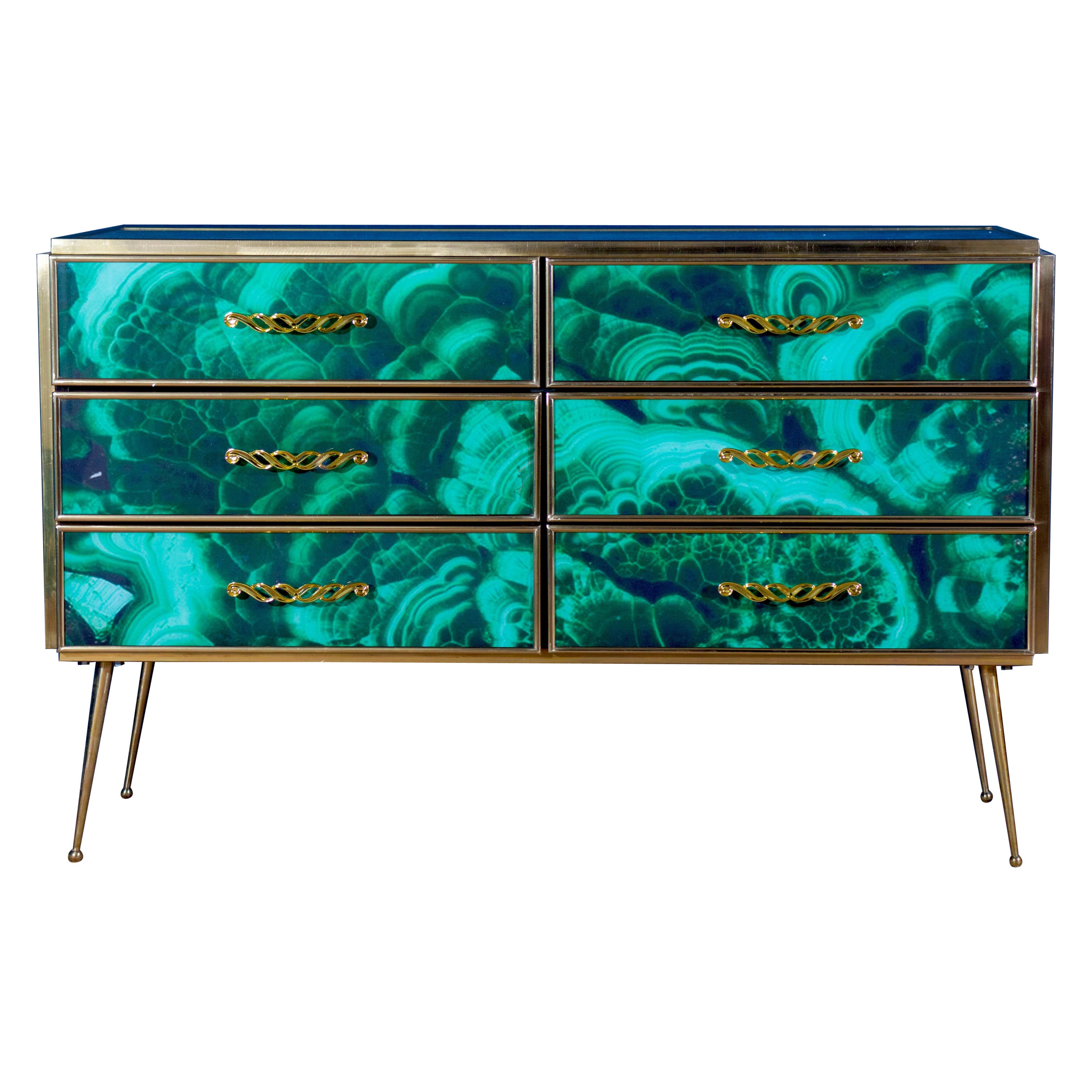 Midcentury Style Brass and Malachite Colored Murano Glass Commode, 2020