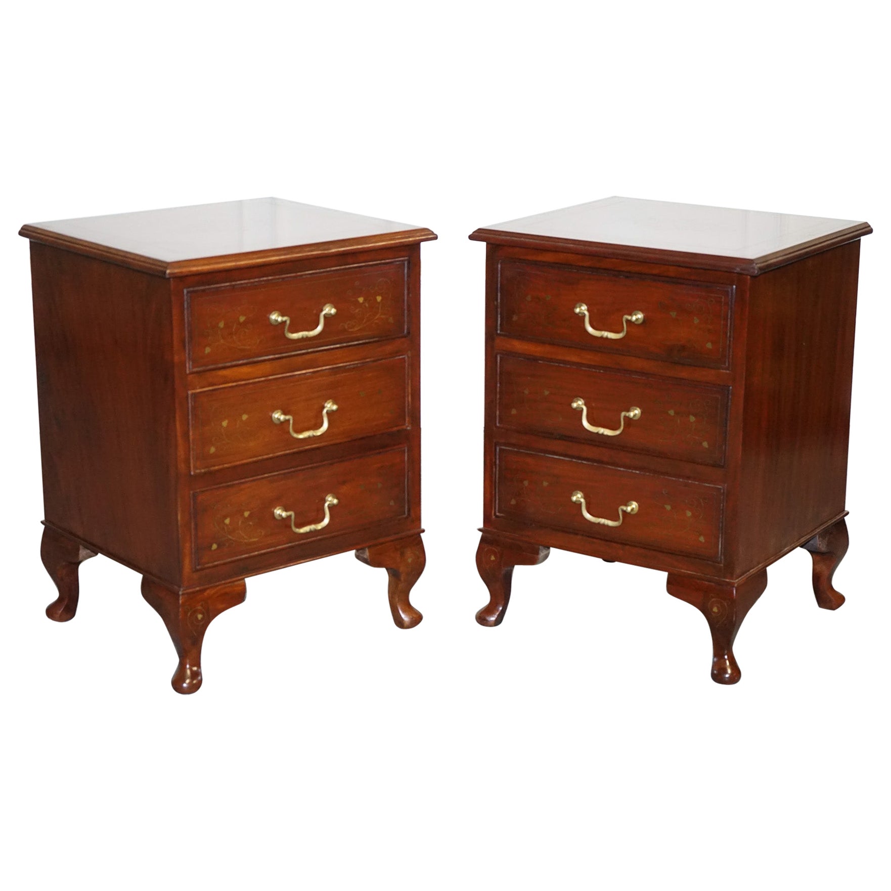 Stunning Pair of Brass Inliad Anglo Indian Bedside Tables Nightstands For Sale