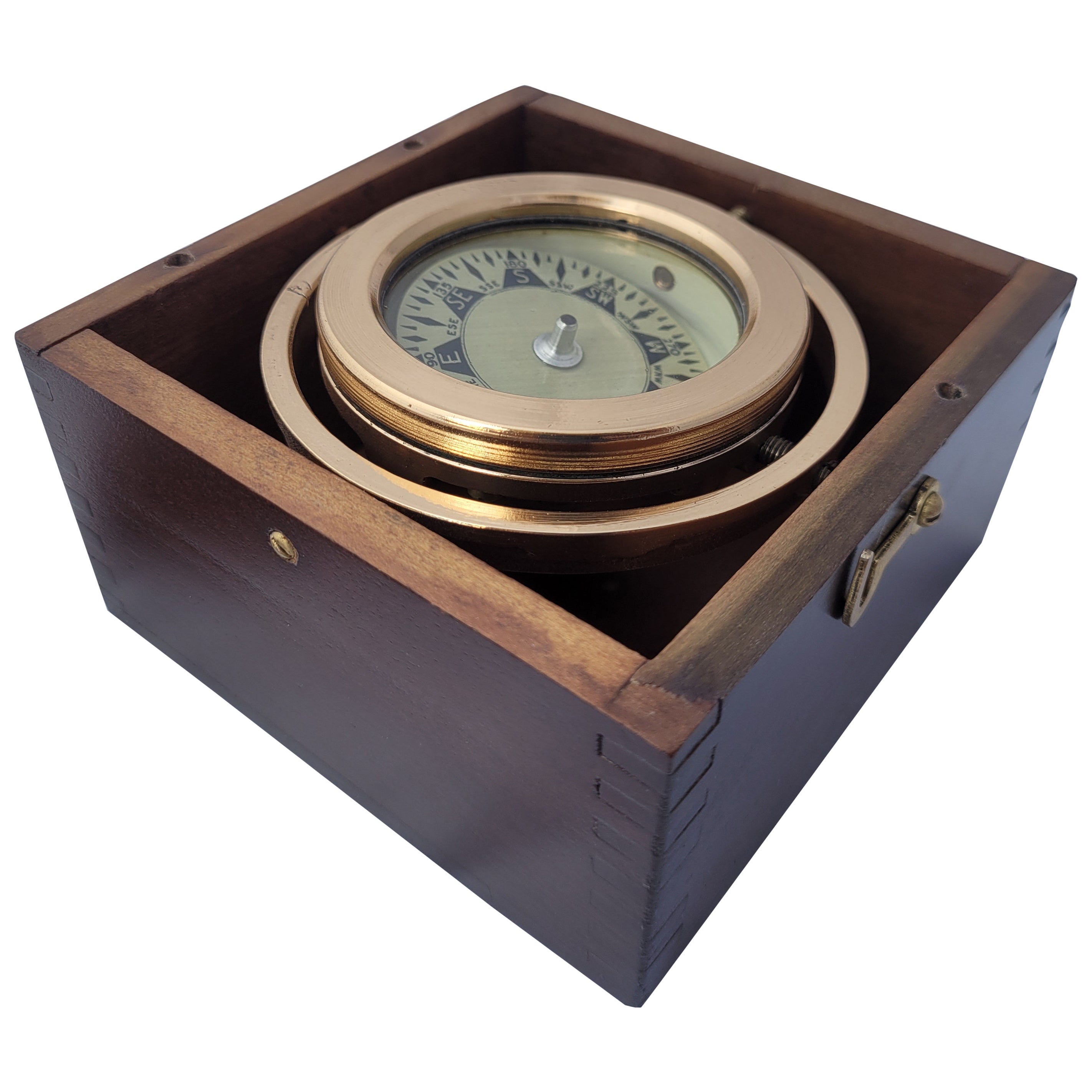 Brass Boat Compass in Varnished Wood Box For Sale